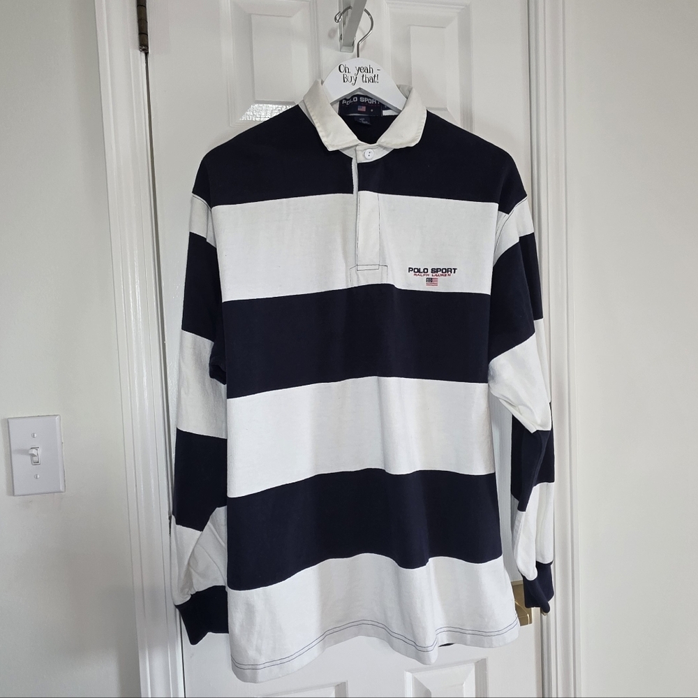 VTG 90s Polo Sport Ralph Lauren Striped Rugby Shirt Sz Large White Blue Cotton